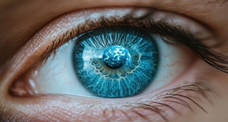 Detailed close-up of a human eye with a miniature earth reflected in the iris