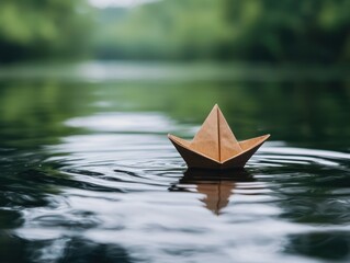 Wall Mural - paper boat floating on a calm lake