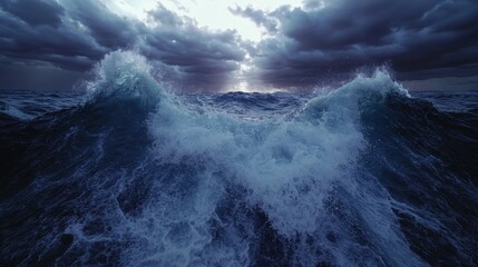 Poster - Powerful ocean waves crashing against stormy sky