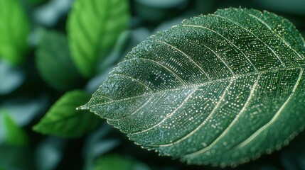 Wall Mural - Macro shot of a wet green leaf with intricate patterns