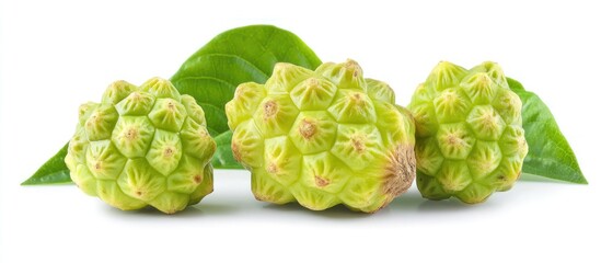 Three green noni fruits with leaves isolated on white background.