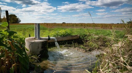 Water Pump in Agricultural Landscape Under Blue Sky