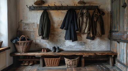 Wall Mural - Rustic Entryway with Coats and Baskets