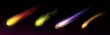 © klyaksun - Falling asteroid and comet with fire and dust tail. Realistic 3d vector illustration set of flying on high speed meteor in outer space with light trail. Cosmic magic shooting fireball in atmosphere.