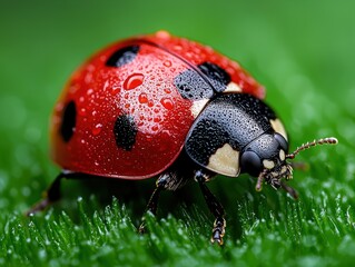 Wall Mural - Vibrant ladybug on dewy grass