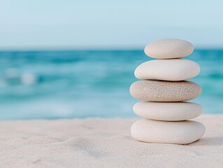 Poster - Stacked zen stones on beach with ocean in background