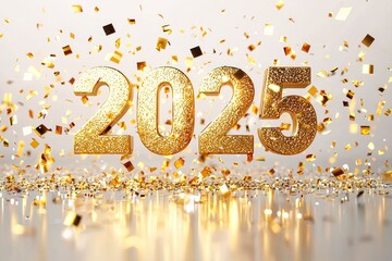 Golden 2025 numbers celebrating new year eve with falling confetti