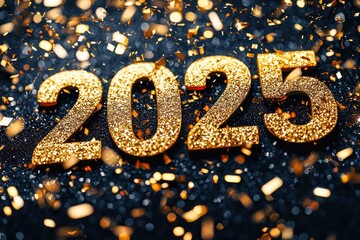 Golden 2025 numbers celebrating new year eve with falling confetti