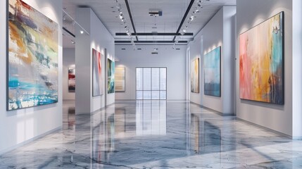 Canvas Print - Modern Art Gallery Interior with Abstract Paintings