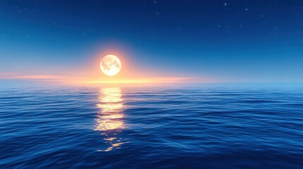 Full moon rising over calm ocean at sunset with stars in the sky