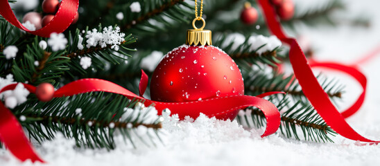 Canvas Print - Red Christmas Ornament On Snow Covered Pine Branch