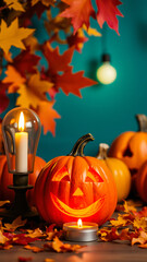 Sticker - Jack-o'-lantern with fall leaves and candles