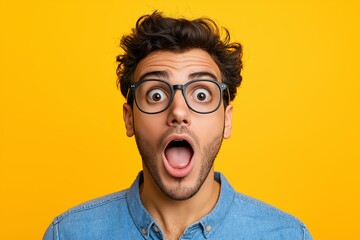 Wall Mural - Man with glasses and a surprised expression. His eyes are wide open. His nose is visible. man with a wow expression open mouth, wearing glasses