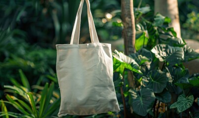 Beige canvas tote bag hanging in a garden with lush green plants. Eco-friendly and sustainable product concept for banner and poster.