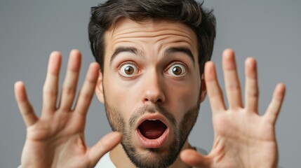 Wall Mural - Man with a beard and blue shirt is making a surprised face. He has his hands up in the air. man with open hand in front of his face looking shocked and surprised, grey background,