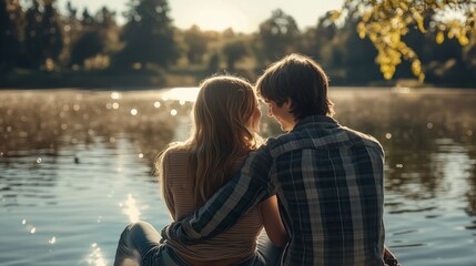 A man and a woman are sitting on a dock by a lake, looking at each other. Scene is romantic and peaceful.