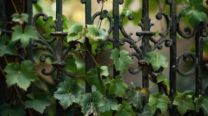 Wall Mural - Lush Green Ivy on Ornate Metal Fence