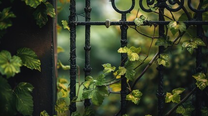 Poster - Lush Greenery Around Iron Gate in Soft Focus