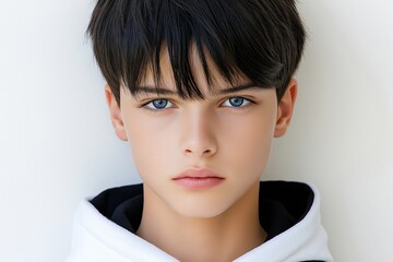 Wall Mural - Boy with short hair and a black hoodie. He has blue eyes. He is looking at the camera. young male teen with bipolar mental disorders and split personality