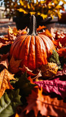 Sticker - Autumn Pumpkin with Fall Leaves