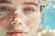 © NN AI - Water hydration beauty, skincare face moisturizer, serum product in golden sunlight. Banner with copy space. skincare product on facial skin. Natural beauty and cosmetic concept.