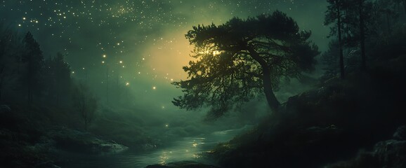 A mystical forest scene with a large tree silhouetted against a starry sky and a river flowing through the foreground.