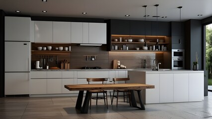 Panoramic modern kitchen interior background, 3D rendering