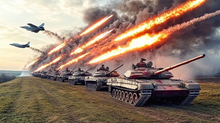 Tanks column firing with military jet flying over battlefield