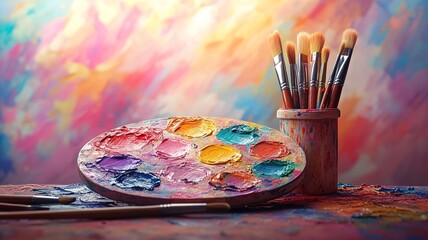 Colorful artist paint palette with brushes on a vibrant background representing creativity and art