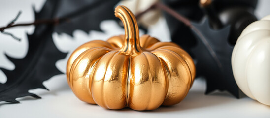 Sticker - Gold Pumpkin with Black and White Leaves