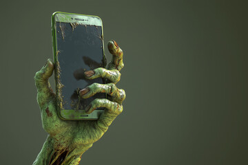  zombie hand gripping a broken smartphone, set against a solid background. visual evokes themes of horror and decay, perfect for Halloween promotions, graphic design, banner/poster,web