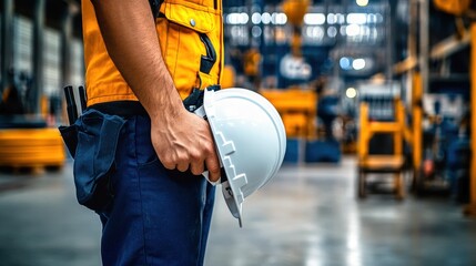 Industrial engineer holding hard hat in factory setting