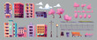© klyaksun - Spring city street building, bush and tree png set. Miami apartment, resort hotel and restaurant vector objects. Flowerbed for urban illustration. Town wooden bench and fence isolated elements