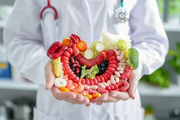 Doctor holding a model of the human digestive system made of fruits and vegetables. Health and nutrition concept.