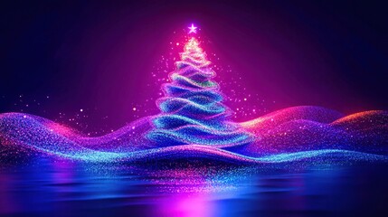 Wall Mural - abstract neon christmas tree sparkling on purple blue background
