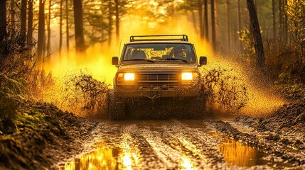 Dirty off road vehicle throughing mud up