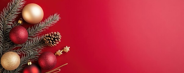 Luxurious red background with textured holiday decorations, combining embossed ornaments and golden details for a refined festive look