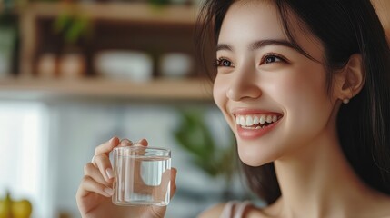 Young woman with long black hair smiling and drinking water from a clear glass.