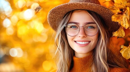 Beautiful woman smiling with orange autumn leaves background