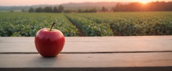 Wall Mural - Fresh apples on table, orchard background. Autumn harvest