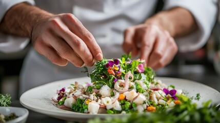 A chef garnishing a squid salad with fresh herbs and edible flowers, showcasing the art of presentation in gourmet seafood dishes.