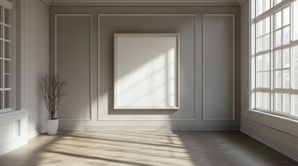 Mock up frame in a Scandinavian-inspired empty space with soft grey walls, no decorations or furniture, highly detailed floor and wall texture, 3D render 