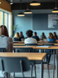 © Sanne - Portrait picture of a classroom filled with adult students watching a presentation for education with a few empty school desks, natural light and blurry background with space for text. Exam at school.