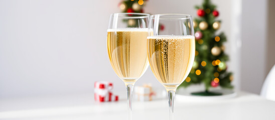 Canvas Print - Two Glasses of Champagne with a Blurred Christmas Tree in the Background