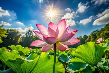 Beautiful Lotus Flower Blossom Bathed in Sunshine Amidst Lush Green Nature Background