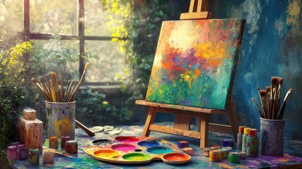 A vibrant assortment of art supplies displayed on an easel, including paint tubes, brushes, and a colorful palette, with a half-finished canvas nearby.