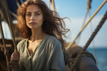 Poster - A woman with long hair is standing on a boat