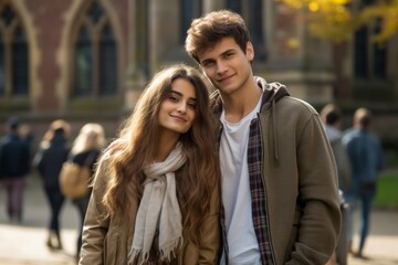 Wall Mural - A young man and woman are posing for a picture in front of a building