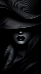 Wall Mural - A woman with a black hat and a black dress. The woman is wearing a black lipstick and has a black eye shadow