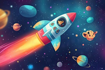 Wall Mural - a cartoon animal piloting a rocket through space